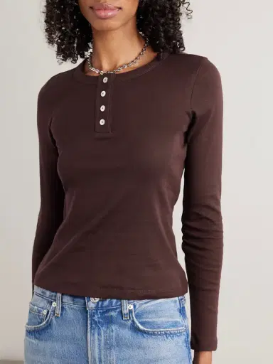 FLORE FLORE Jess Ribbed Organic Cotton-jersey Henley Top | Thumbnail 3 FLORE FLORE Jess Ribbed Organic Cotton-jersey Henley Top | Thumbnail 3