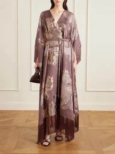 Taller Marmo Dawn Royale Belted Fringed Embellished Crepe Kaftan | Thumbnail 2