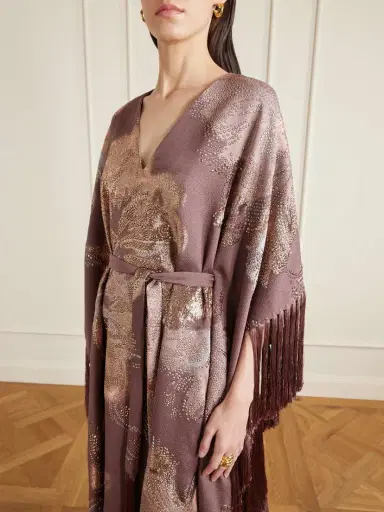 Taller Marmo Dawn Royale Belted Fringed Embellished Crepe Kaftan | Thumbnail 4
