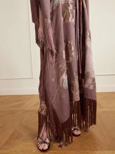 Taller Marmo Dawn Royale Belted Fringed Embellished Crepe Kaftan | Thumbnail 5