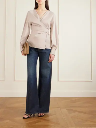 Brunello Cucinelli Embellished Cotton-blend Poplin Wrap Blouse | Thumbnail 2 Brunello Cucinelli Embellished Cotton-blend Poplin Wrap Blouse | Thumbnail 2