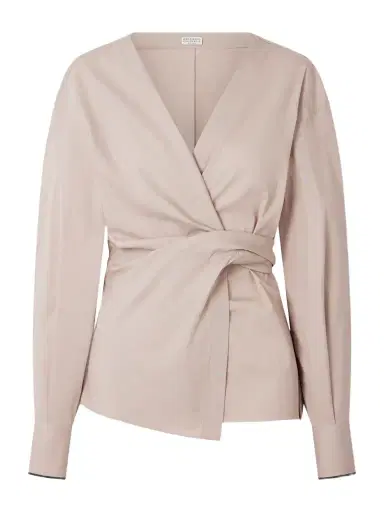 Brunello Cucinelli Embellished Cotton-blend Poplin Wrap Blouse | Thumbnail 1 Brunello Cucinelli Embellished Cotton-blend Poplin Wrap Blouse | Thumbnail 1
