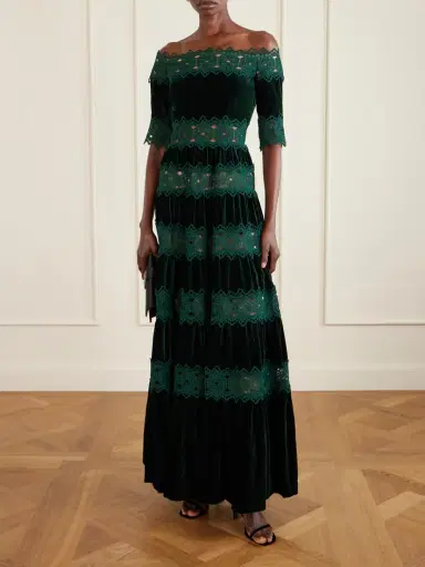Costarellos Off-the-shoulder Striped Lace And Velvet Gown | Thumbnail 2