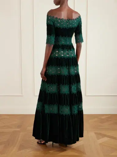 Costarellos Off-the-shoulder Striped Lace And Velvet Gown | Thumbnail 3