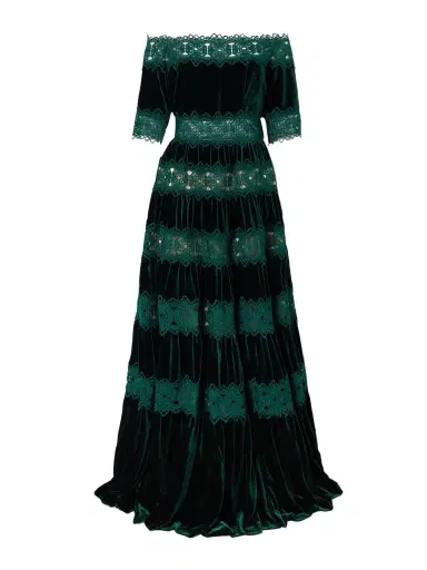Costarellos Off-the-shoulder Striped Lace And Velvet Gown | Thumbnail 1