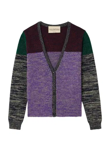 Valentino Garavani Color-block Metallic Ribbed Wool-blend Cardigan | Thumbnail 1 Valentino Garavani Color-block Metallic Ribbed Wool-blend Cardigan | Thumbnail 1