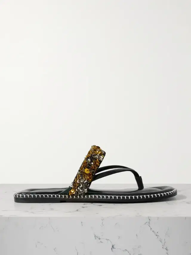 Embellished Whipstitched Leather Sandals