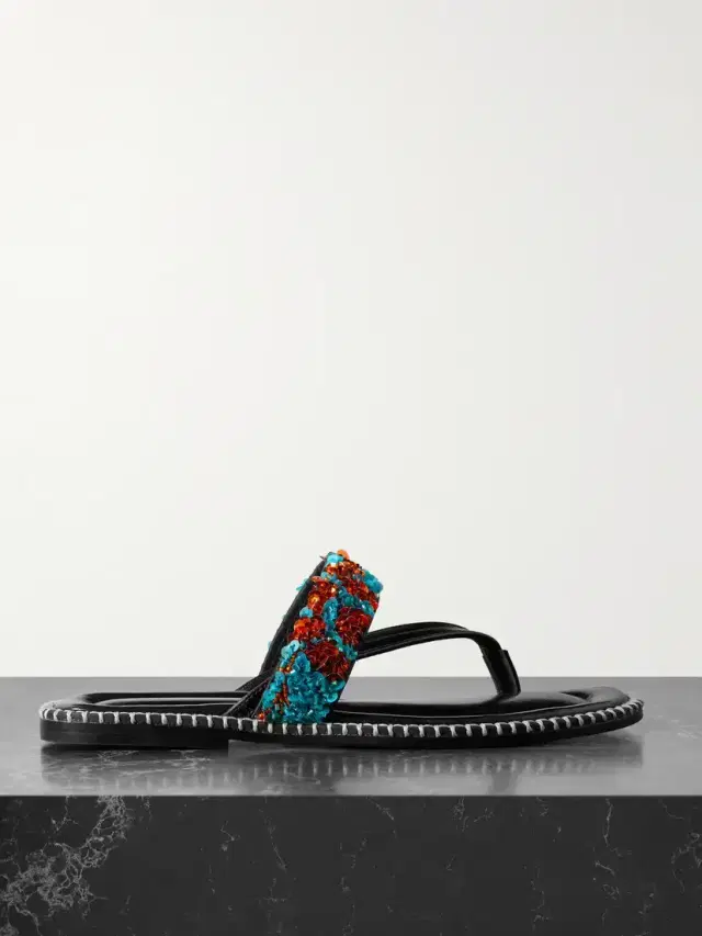 Embellished Whipstitched Leather Sandals
