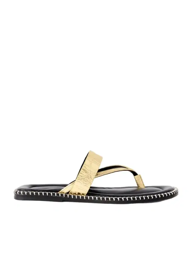 Whipstitched Metallic Croc-effect Leather Sandals
