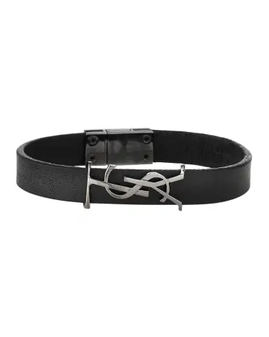 Saint Laurent Leather YSL Monogram Bracelet, Black, Size Small | Thumbnail 1