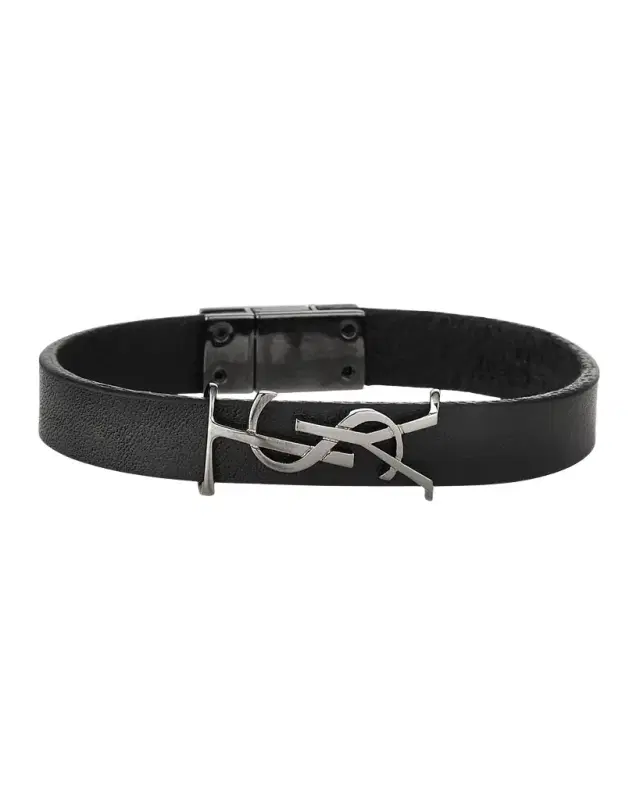 Saint Laurent Leather YSL Monogram Bracelet, Black, Size Small