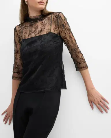 Adam Lippes Lace High-Neck Shirt w/ Attached Camisole | Thumbnail 7