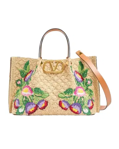 Valentino Garavani Floral Embroidered Raffia Medium Shopping Tote Bag | Thumbnail 1 Valentino Garavani Floral Embroidered Raffia Medium Shopping Tote Bag | Thumbnail 1