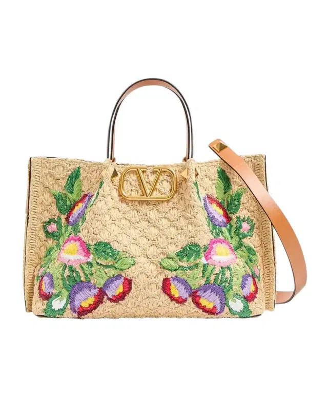 Floral Embroidered Raffia Medium Shopping Tote Bag