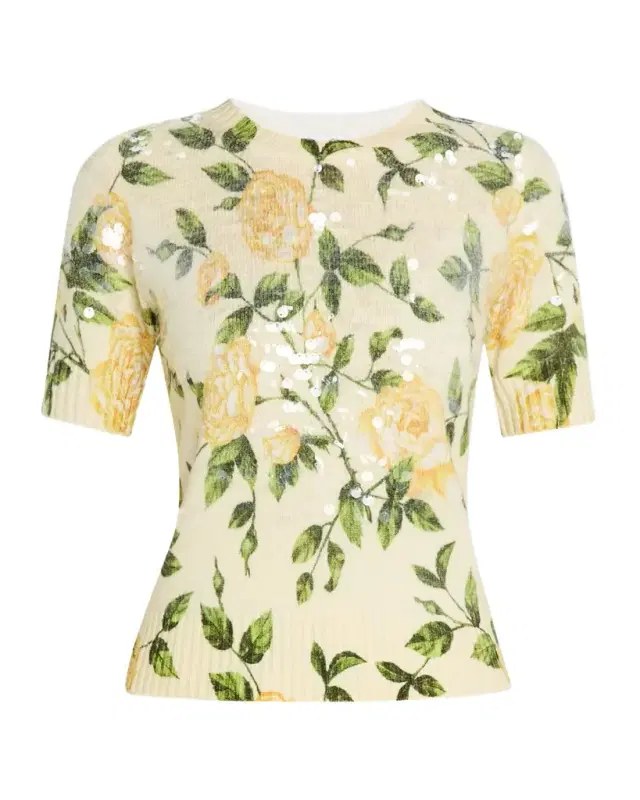 English Rose-Print Sequined Short-Sleeve Sweater