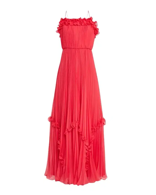 Sleeveless Pleated Ruffle-Trim Gown
