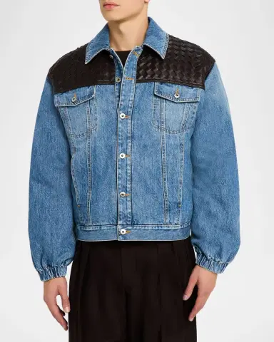 Bottega Veneta Men's Vintage Denim Jacket w/Intrecciato Yoke | Thumbnail 3 Bottega Veneta Men's Vintage Denim Jacket w/Intrecciato Yoke | Thumbnail 3