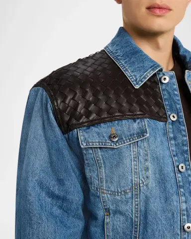 Bottega Veneta Men's Vintage Denim Jacket w/Intrecciato Yoke | Thumbnail 4 Bottega Veneta Men's Vintage Denim Jacket w/Intrecciato Yoke | Thumbnail 4