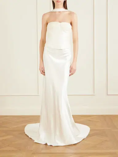 Danielle Frankel Viola Gathered Draped Tulle-trimmed Wool And Silk-blend Twill Top | Thumbnail 2 Danielle Frankel Viola Gathered Draped Tulle-trimmed Wool And Silk-blend Twill Top | Thumbnail 2