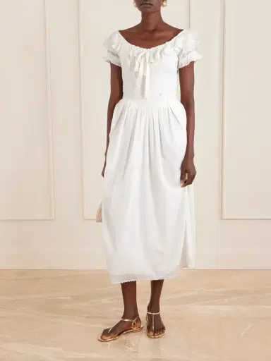 Thierry Colson Falbala Off-the-shoulder Bow-detailed Ruffled Pleated Embroidered Cotton-voile Midi Dress | Thumbnail 2
