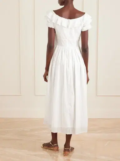 Thierry Colson Falbala Off-the-shoulder Bow-detailed Ruffled Pleated Embroidered Cotton-voile Midi Dress | Thumbnail 3