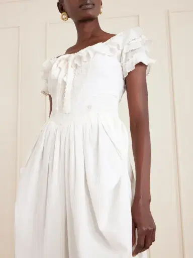 Thierry Colson Falbala Off-the-shoulder Bow-detailed Ruffled Pleated Embroidered Cotton-voile Midi Dress | Thumbnail 4