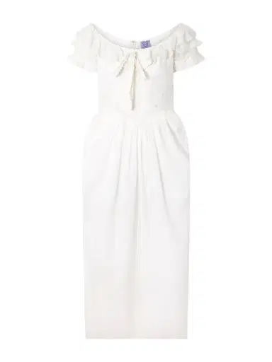 Thierry Colson Falbala Off-the-shoulder Bow-detailed Ruffled Pleated Embroidered Cotton-voile Midi Dress | Thumbnail 1