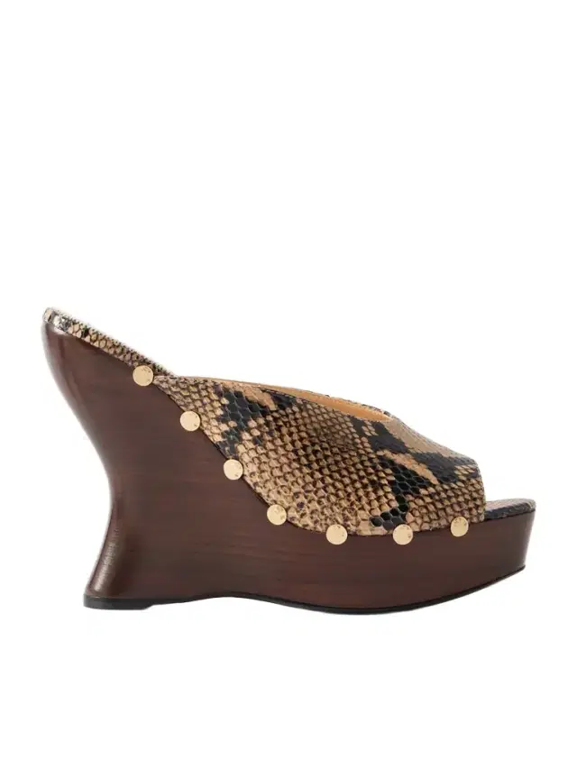 Studded Snake-effect Leather Wedge Mules
