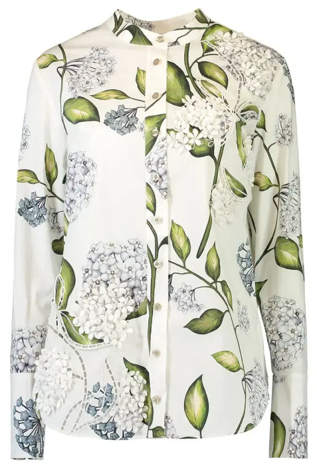 Oscar de la Renta Long Sleeve Porcelain Flower Blouse