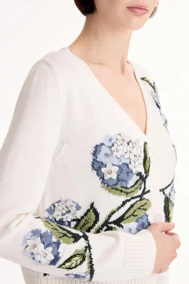 Oscar de la Renta Porcelain Flower V Neck Cardigan | Thumbnail 5