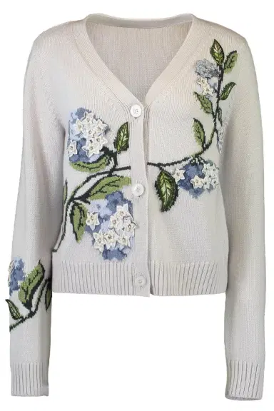 Oscar de la Renta Porcelain Flower V Neck Cardigan | Thumbnail 1