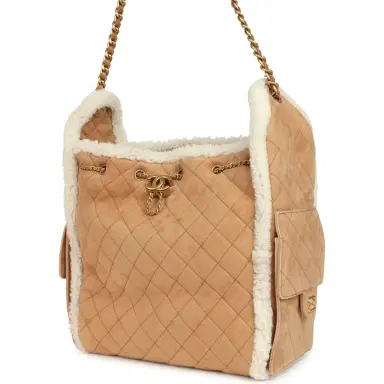 Chanel Chanel Medium 25 Hobo Bag Beige Suede and White Shearling Antique Gold Hardware | Thumbnail 4 Chanel Chanel Medium 25 Hobo Bag Beige Suede and White Shearling Antique Gold Hardware | Thumbnail 4