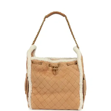 Chanel Chanel Medium 25 Hobo Bag Beige Suede and White Shearling Antique Gold Hardware | Thumbnail 1 Chanel Chanel Medium 25 Hobo Bag Beige Suede and White Shearling Antique Gold Hardware | Thumbnail 1