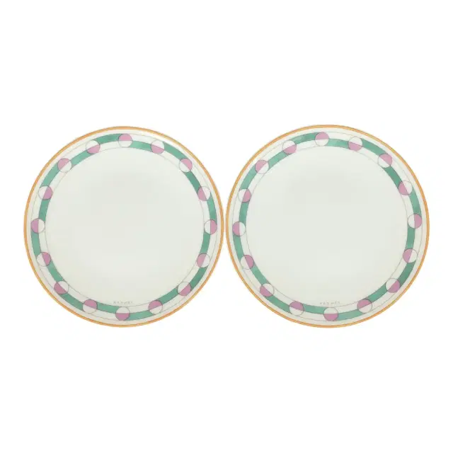 hermes Hermes En Contrepoint White, Pink, Green Porcelain Bread and Butter Plate Set of 2