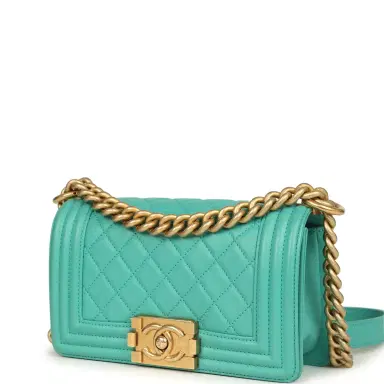 Chanel Pre-owned Chanel Small Boy Bag Turquoise Lambskin Antique Gold Hardware | Thumbnail 5 Chanel Pre-owned Chanel Small Boy Bag Turquoise Lambskin Antique Gold Hardware | Thumbnail 5