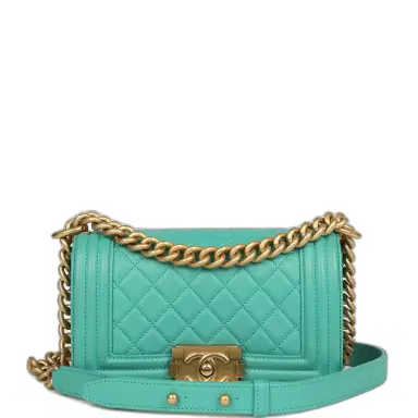 Chanel Pre-owned Chanel Small Boy Bag Turquoise Lambskin Antique Gold Hardware | Thumbnail 1 Chanel Pre-owned Chanel Small Boy Bag Turquoise Lambskin Antique Gold Hardware | Thumbnail 1