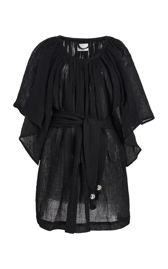 Angel-Sleeve Linen-Blend Gauze Mini Dress