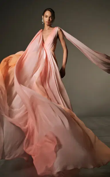 Monique Lhuillier V-Neck Silk Pleated Gown With Streamers | Thumbnail 2