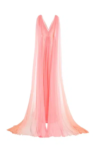 Monique Lhuillier V-Neck Silk Pleated Gown With Streamers | Thumbnail 3