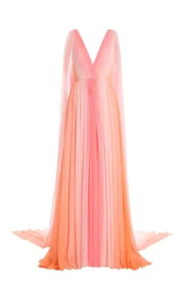 Monique Lhuillier V-Neck Silk Pleated Gown With Streamers | Thumbnail 1