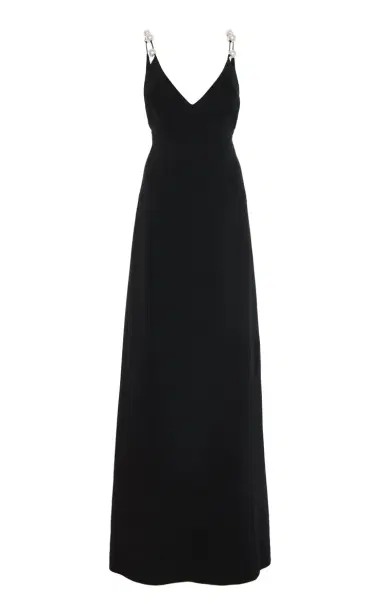 MONIQUE LHUILLIER A-Line V Neck Wool Blend Gown With Pearl Straps | Thumbnail 7