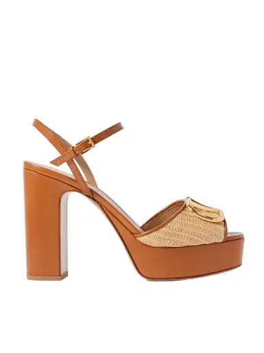 Valentino Garavani Vlogo Signature 115 Leather-trimmed Raffia Platform Sandals | Thumbnail 1
