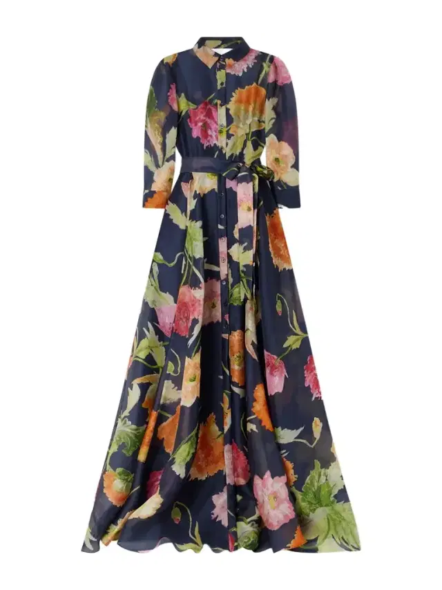 Belted Floral-print Silk-organza Gown