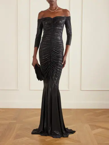 Norma Kamali Off-the-shoulder Ruched Stretch-lamé Gown | Thumbnail 2