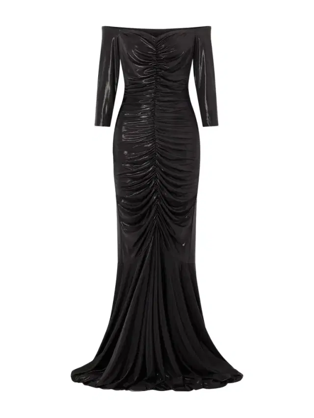 Norma Kamali Off-the-shoulder Ruched Stretch-lamé Gown
