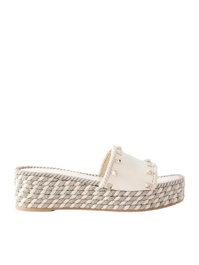 Rockstud Leather Platform Espadrille Slides