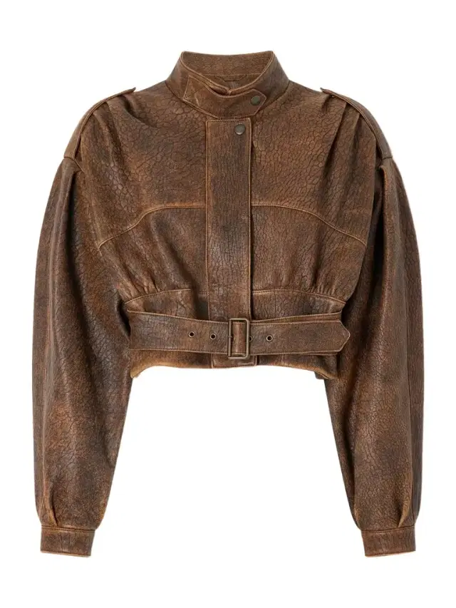 Cropped Belted Textured-leather Jacket