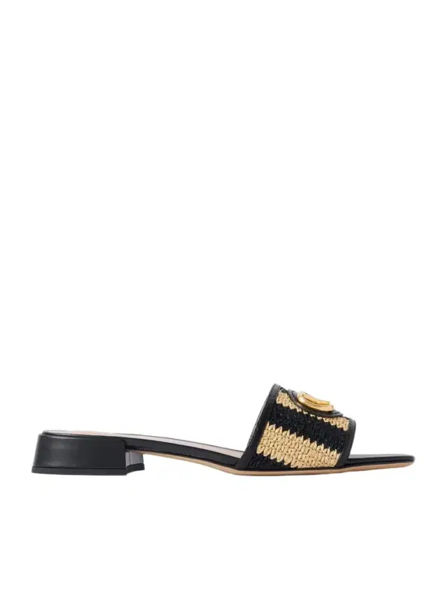 Vlogo Embellished Leather-trimmed Striped Raffia Slides