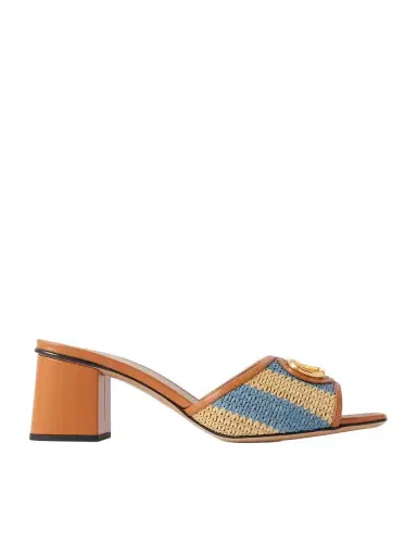 Valentino Garavani Vlogo Signature 60 Leather-trimmed Striped Raffia Mules | Thumbnail 1