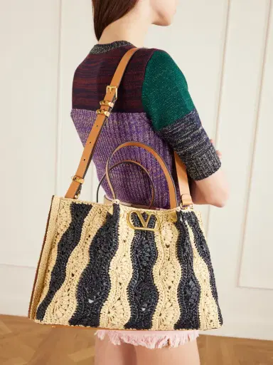 Valentino Garavani Vlogo Signature Medium Embellished Leather-trimmed Striped Crocheted Raffia Tote | Thumbnail 2 Valentino Garavani Vlogo Signature Medium Embellished Leather-trimmed Striped Crocheted Raffia Tote | Thumbnail 2